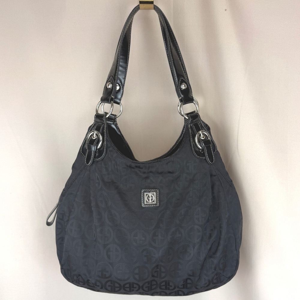 GIANI BERNINI Black Satin Monogram Patent Satchel Purse Buckle Hardware Vegan